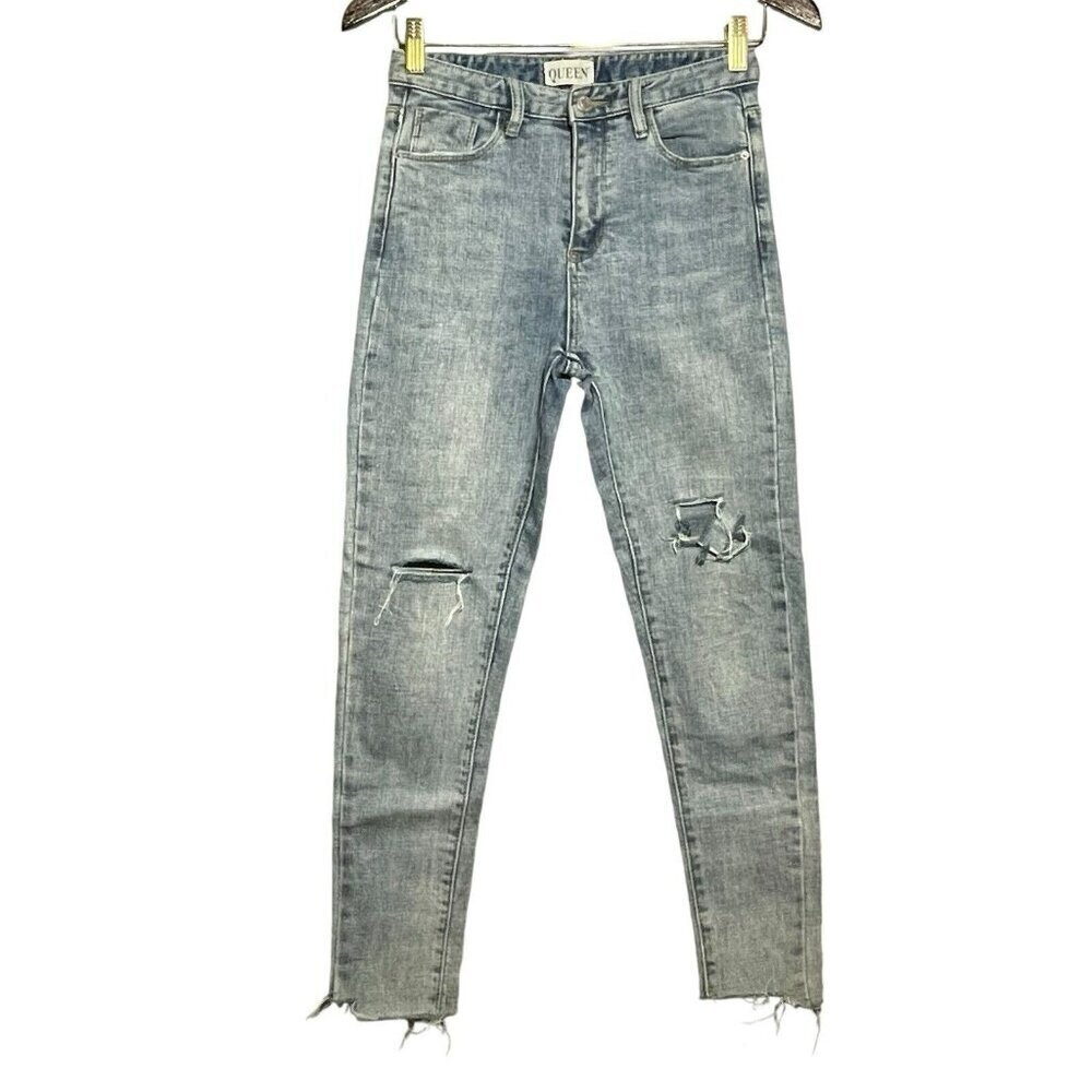 Queen Skinny Jeans Women Sz M W25 Distressed Torn Ripped Ragged Moto Biker Retro